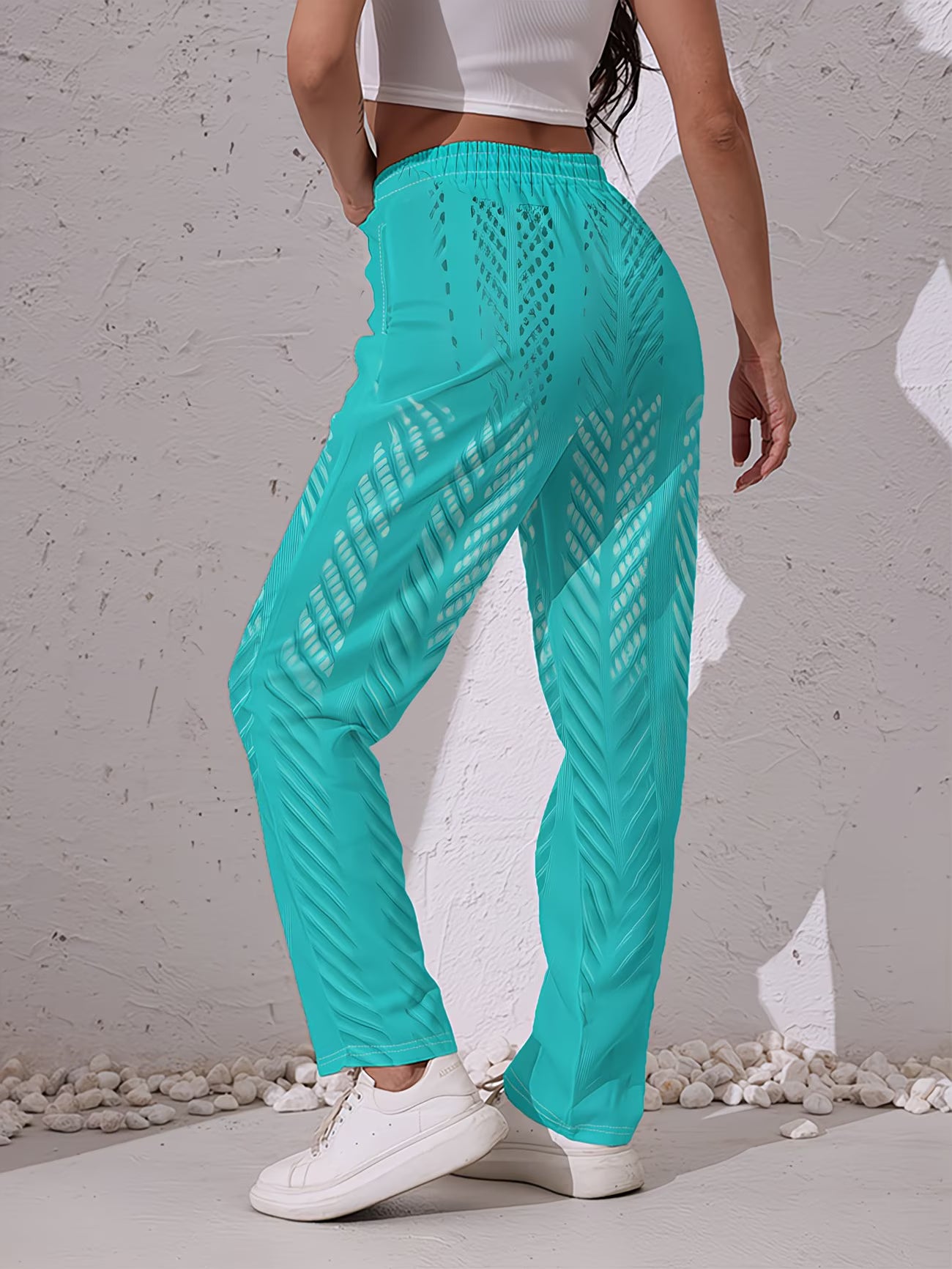 Women's Leaf Vein Stripe & Geometric Print Trousers | Interwoven Botanical Detail