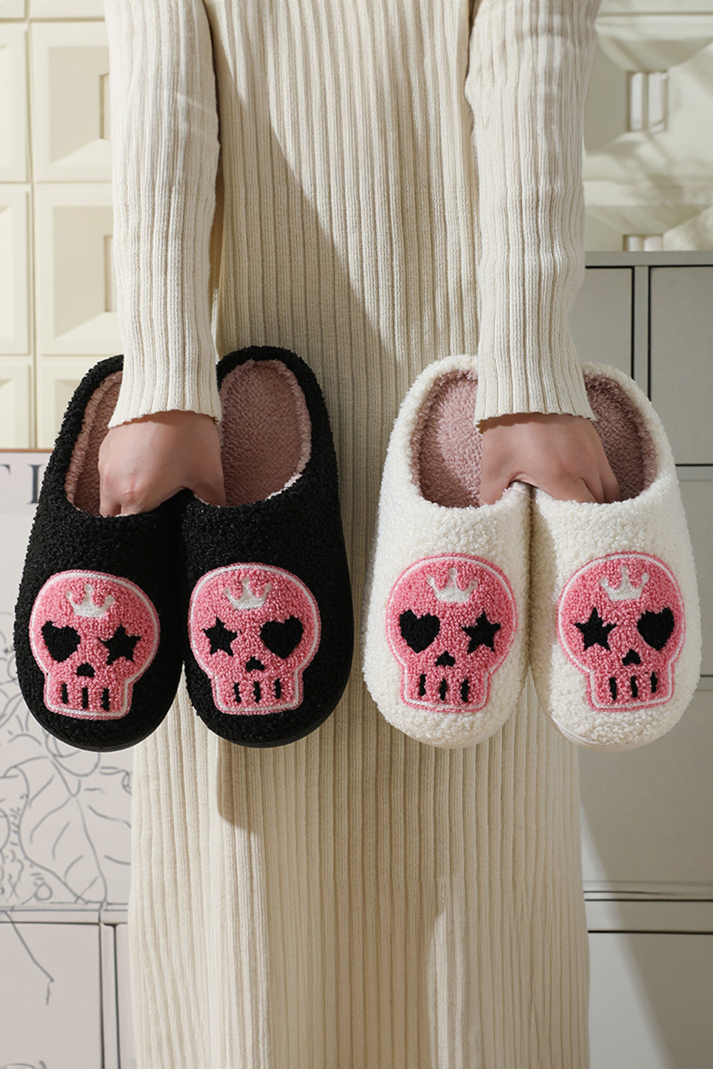 White Skull Printed Plush Home Slippers LIMITED STOCK