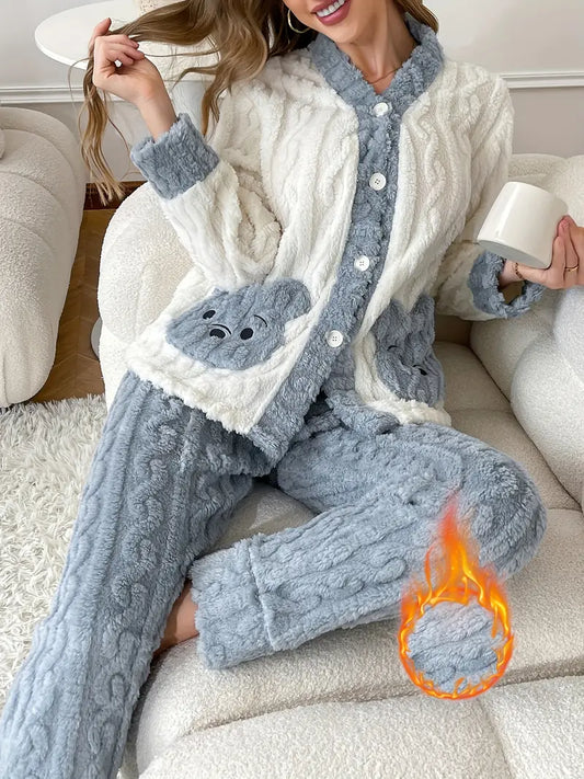 Women's Long-Sleeve Robe Set with Embroidered Bear Pocket Design
