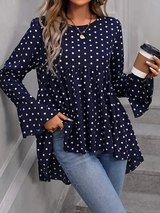 Polka-dot Print High-low Blouse,