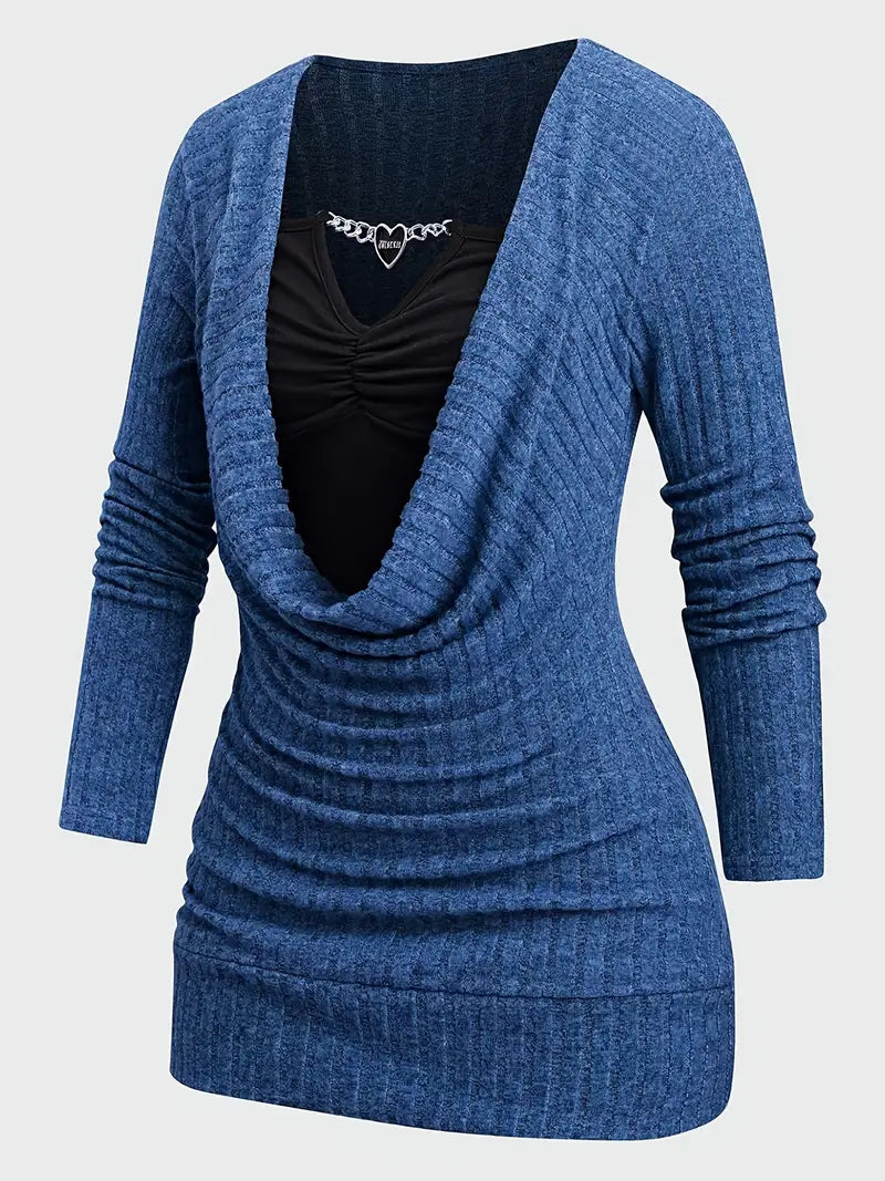 Women's Buttoned Chain Stitching Pleated Textured Light Gray Ribbed Fleece T-Shirt