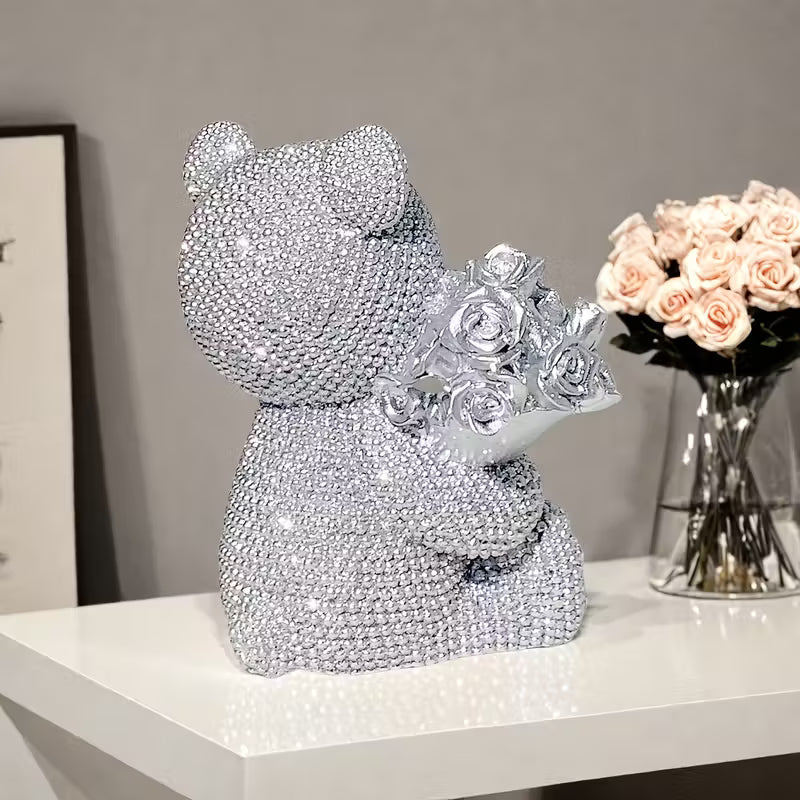 Elegant Silver Beaded Teddy Bear with Rose Bouquet