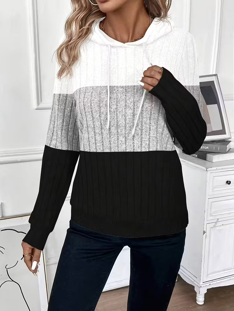 Women's Hoodie - Black/White/Gray Color Block Pullover Sweatshirt,