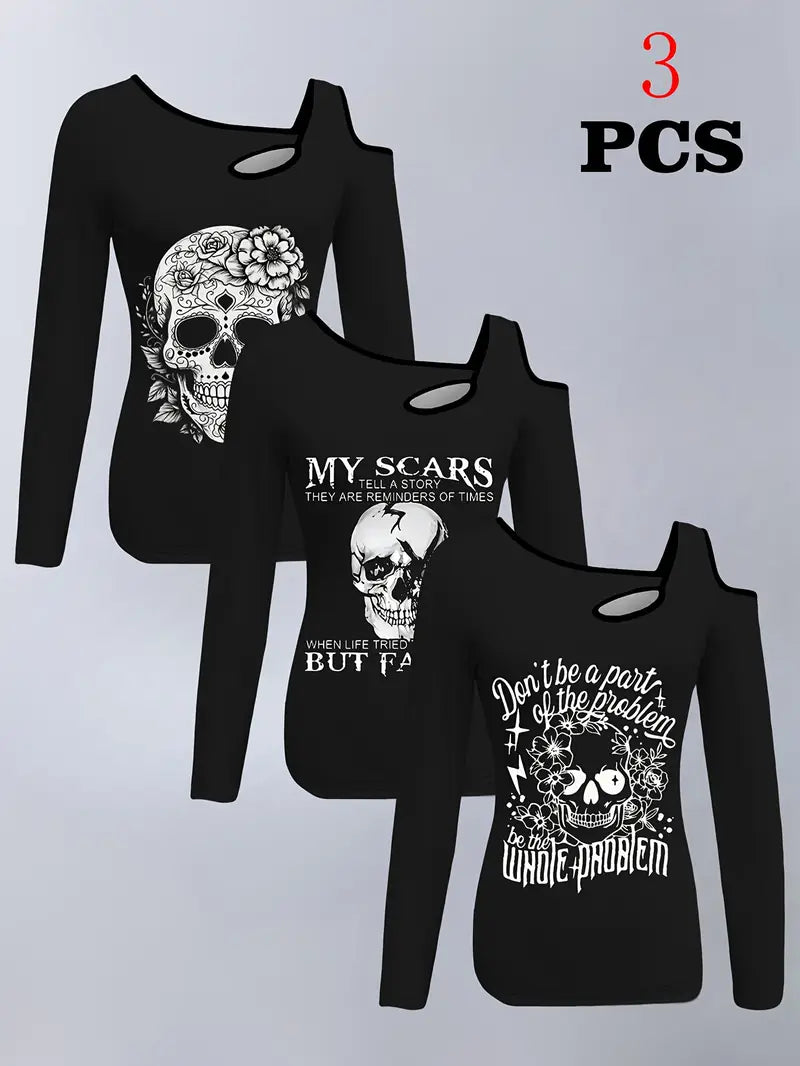 3pcs Women's Gothic Heavy Metal Inspired Long Sleeve Tops Set