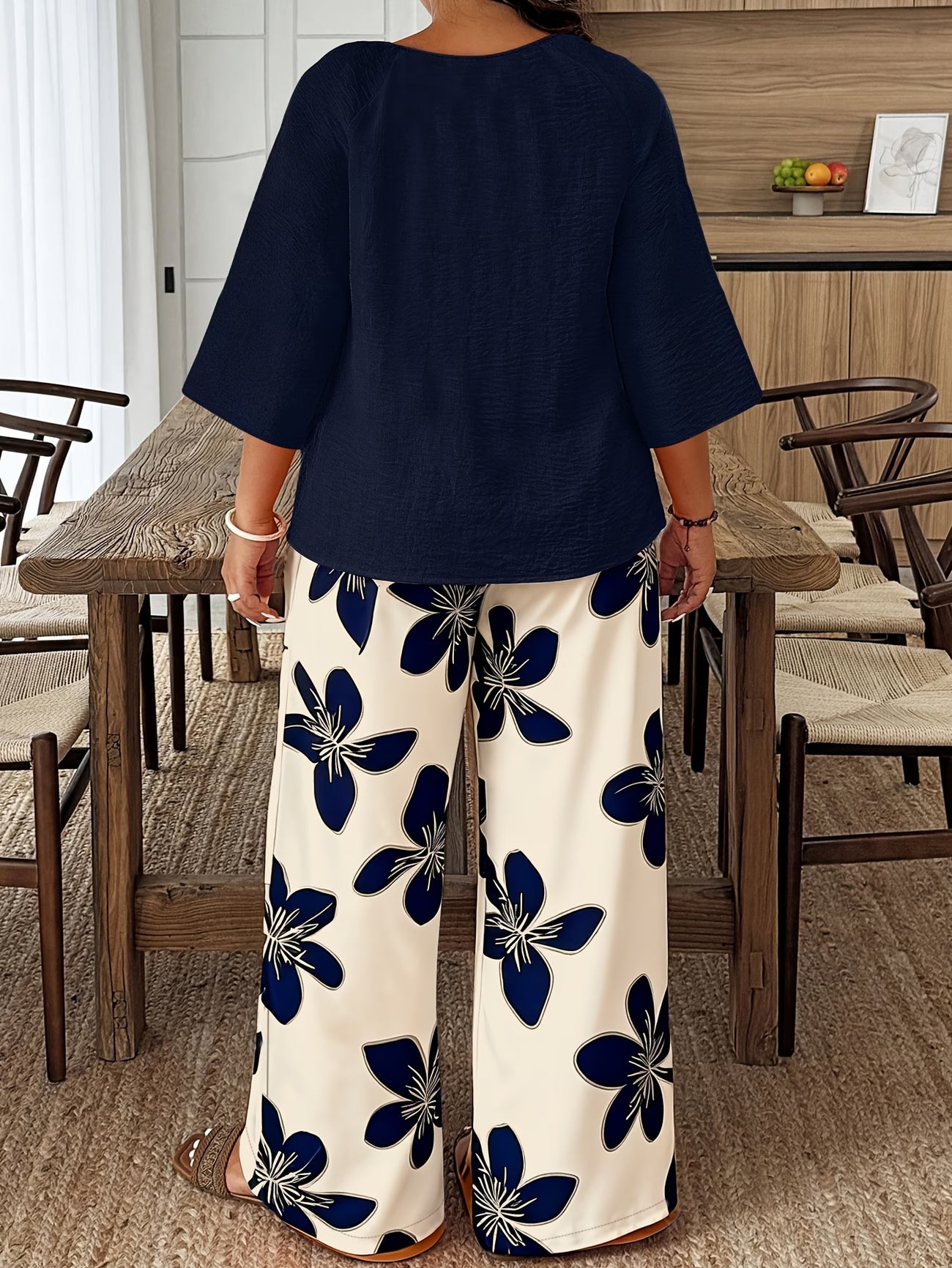 Textured Fabric ¾ Sleeve Top & Printed Trim Long Pants Co-ord | Curve