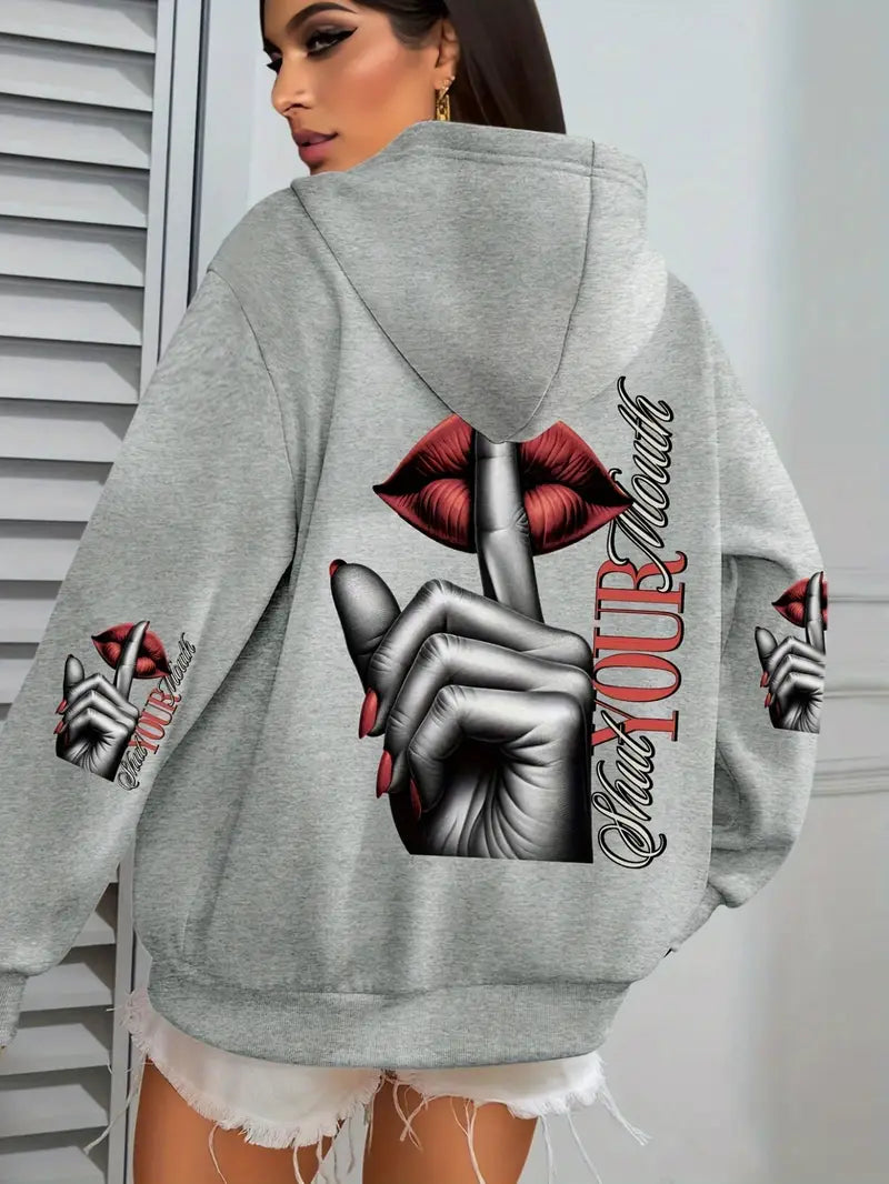 Women'S Casual Elegant Hoodie with Stylish Lip Print