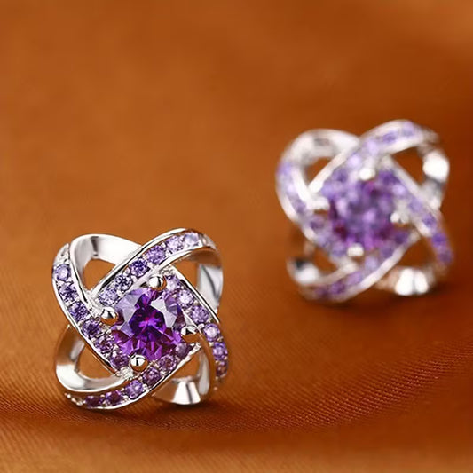 Purple Rhinestone Four-Leaf Clover Stud Earrings
