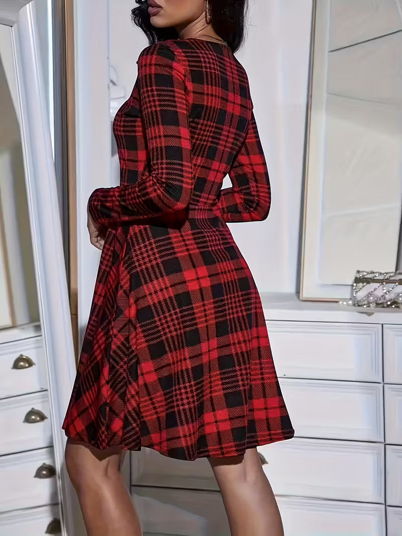 Elegant Plaid Print Knit Dress