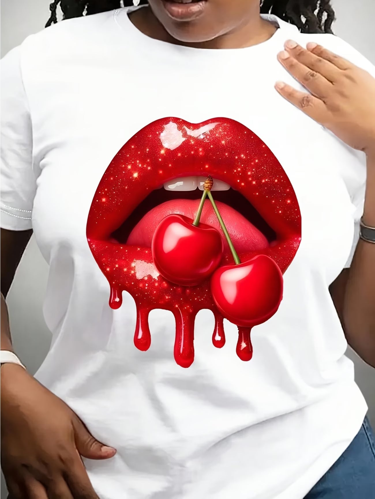 Women's Graphic T-Shirt - Bold Red Lips & Cherry Print,