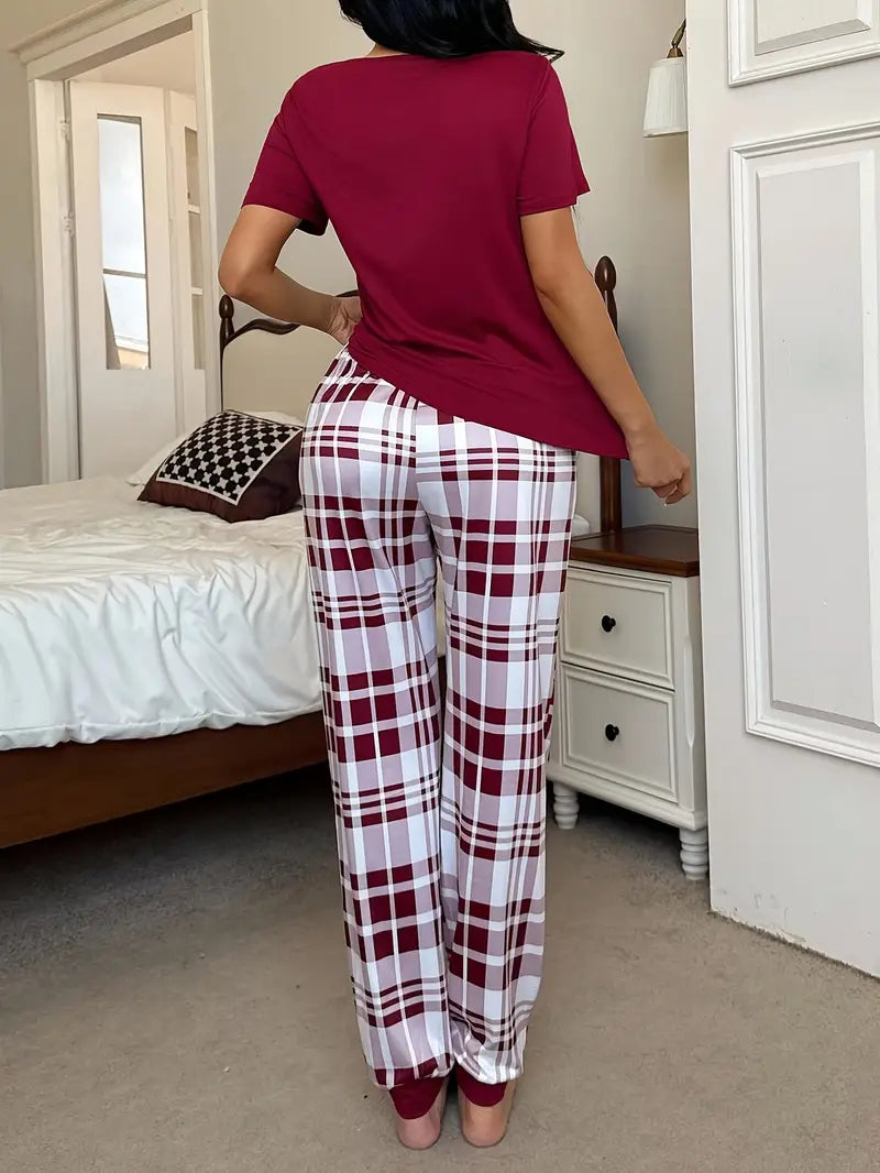 2pcs Women's Burgundy & White Plaid Pajama Set