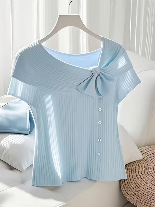 Women'S Light Blue Striped Crop Top with Bow Detail