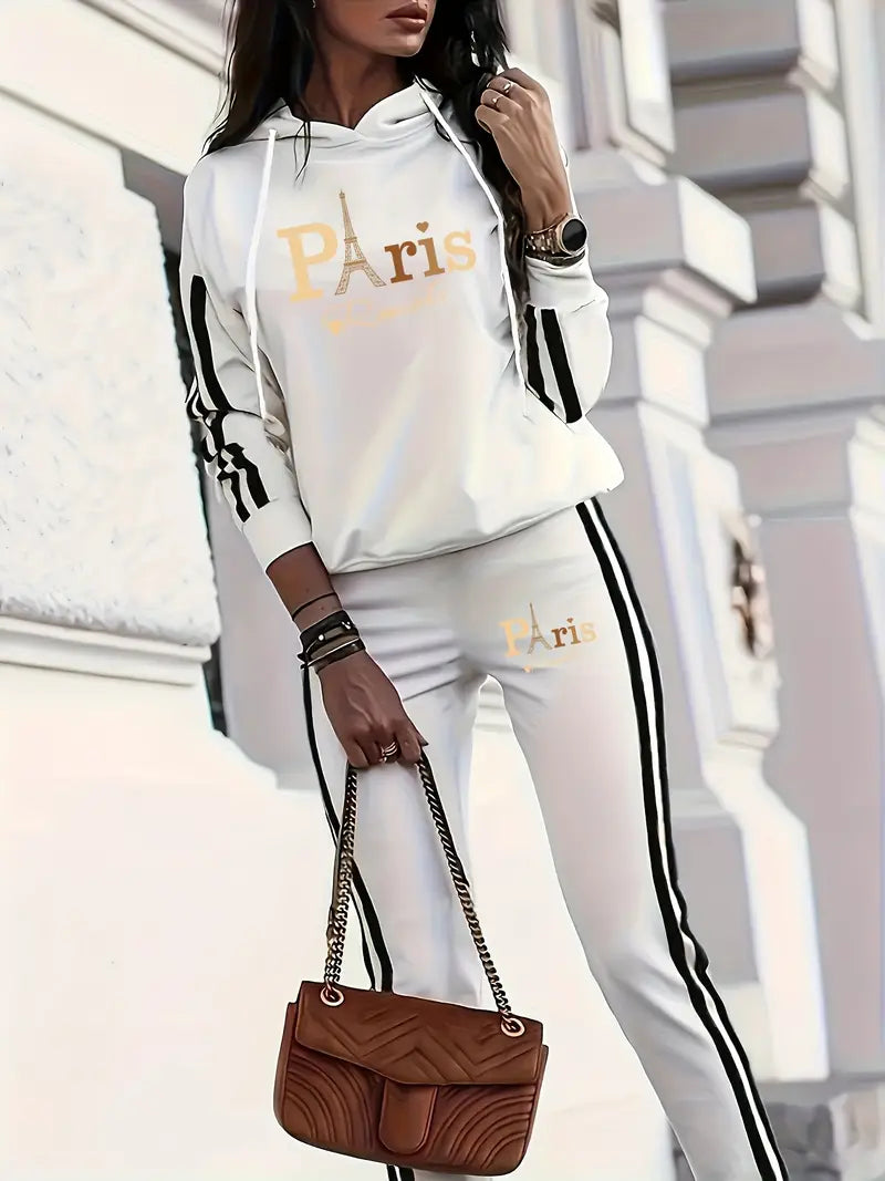 Women'S Fashionable Casual Vacation Hooded Suit with Printed Long Sleeves And Trousers.