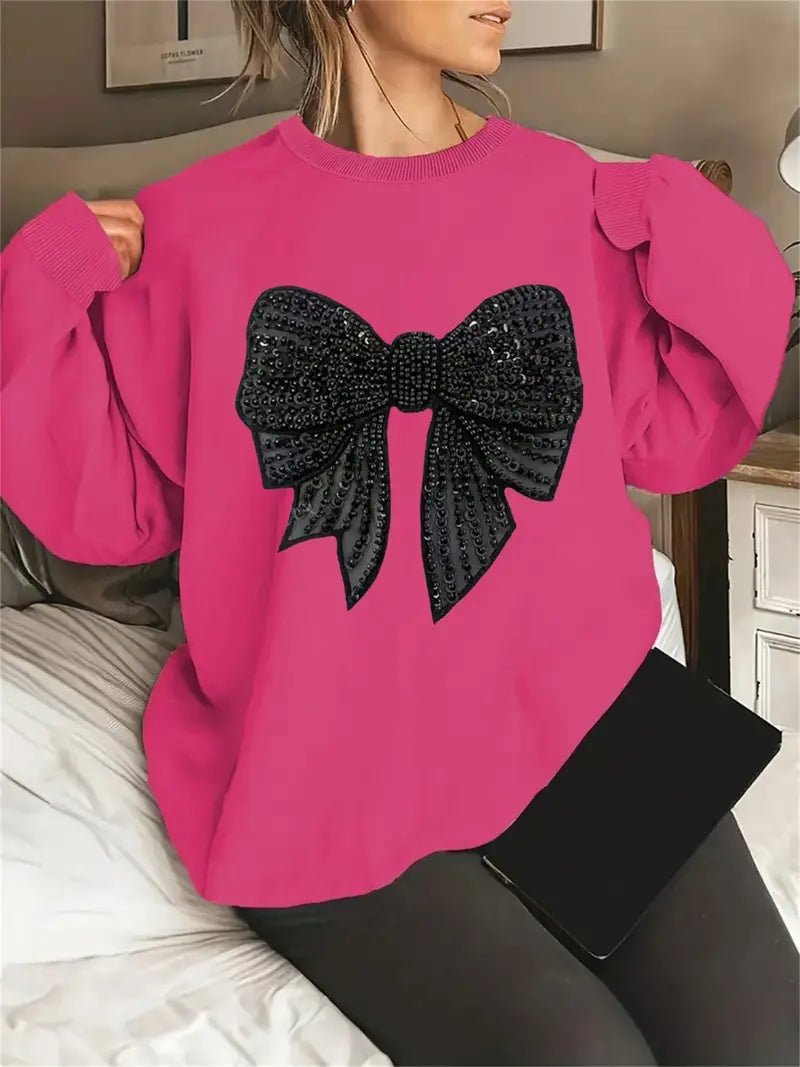Women'S Casual Long-Sleeve Sweater with Sparkling Bow Print