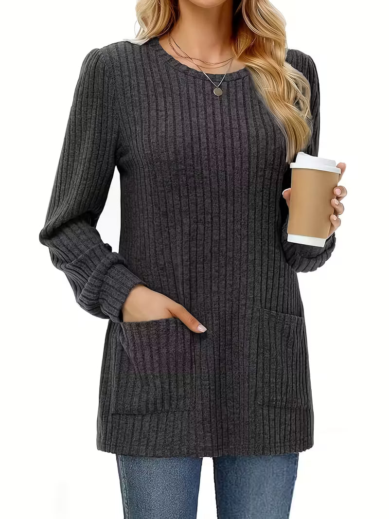 Plus Size, Women'S Plus Size Ribbed Round Neck Top with Pockets