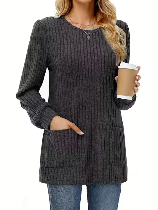 Plus Size, Women'S Plus Size Ribbed Round Neck Top with Pockets