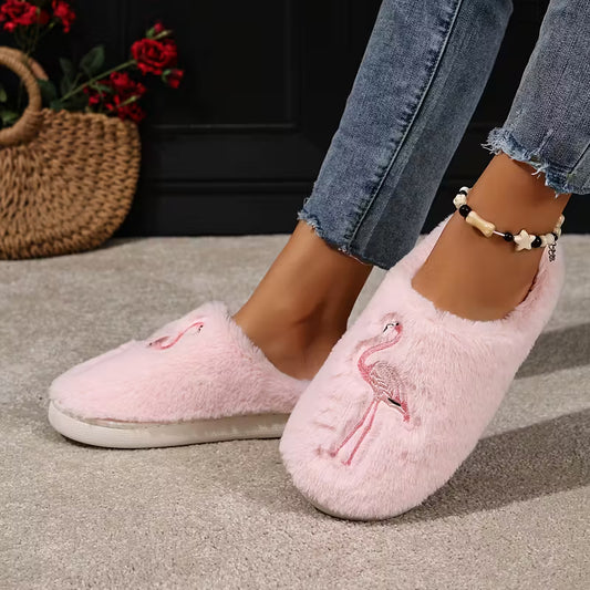 Pink Flamingo Plush Slip-On Slippers