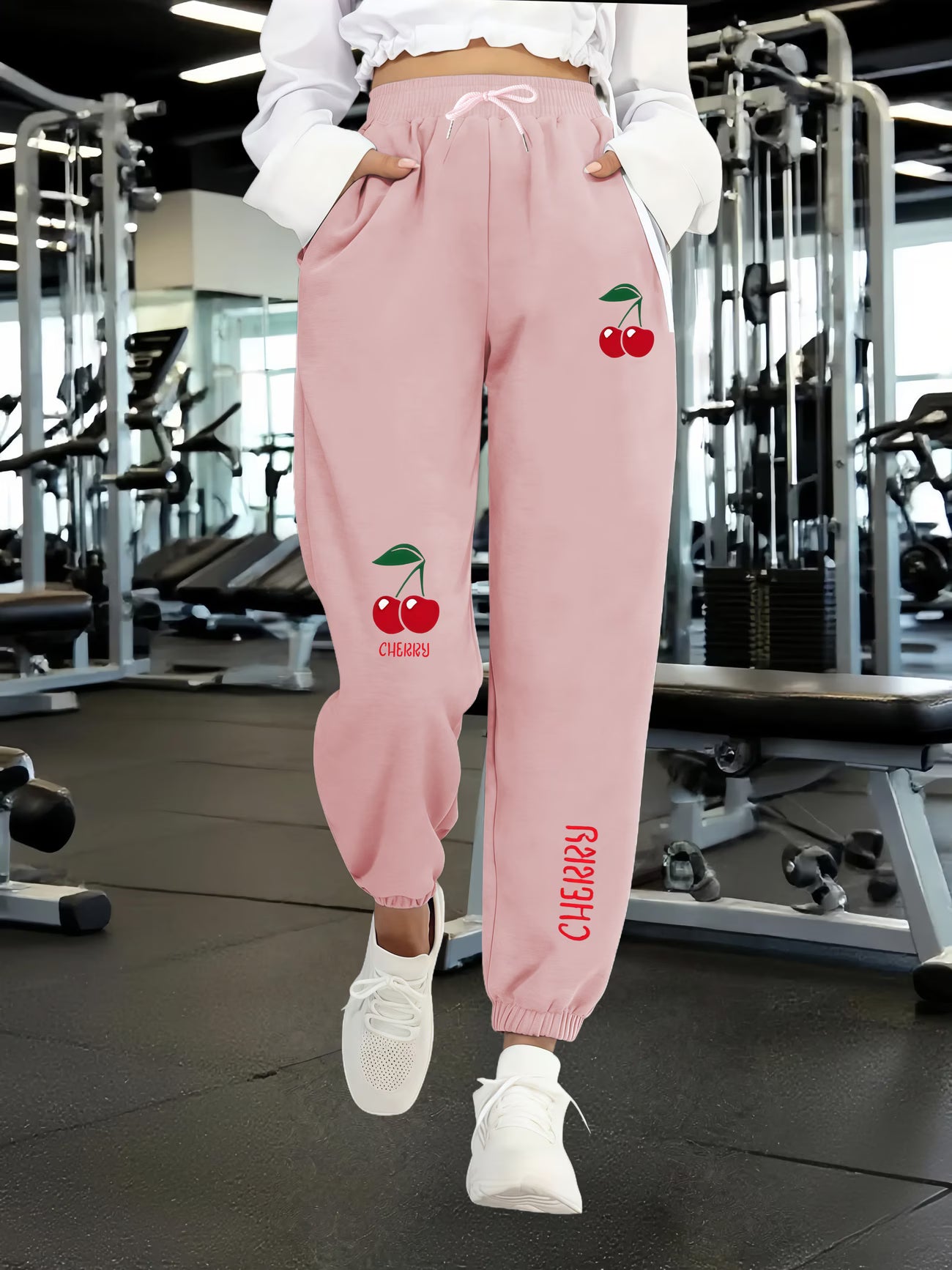 Women's Sports Pants with Fresh Cherry and Letter Print Design