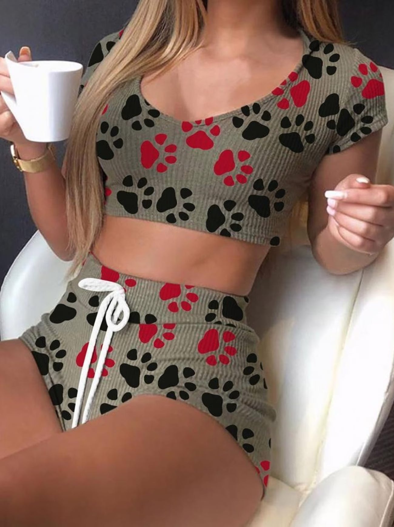 Summer Women's Fashion Temperament Cute Printed Short Sleeve T-Shirt Set