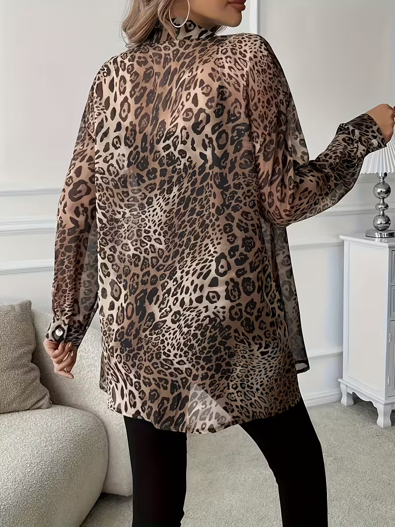 Plus Size - Women'S Leopard Print Long Sleeve Shirt