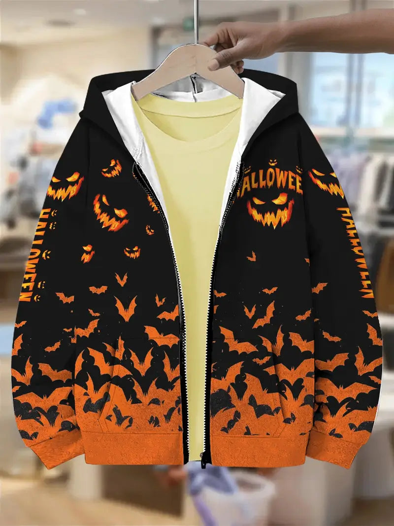 Boys' Halloween Pumpkin Bat Print Zip-Up Hoodie