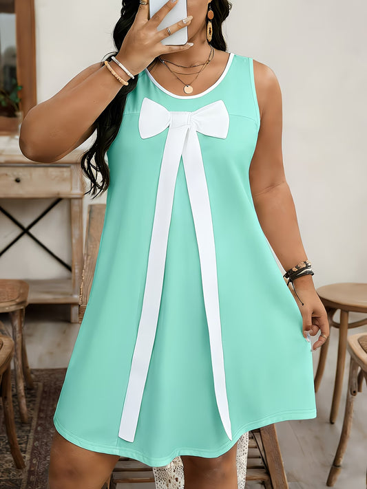 Plus Size - A Sleeveless Dress with a Green Bow
