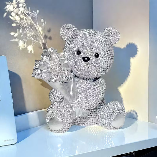 Elegant Silver Beaded Teddy Bear with Rose Bouquet