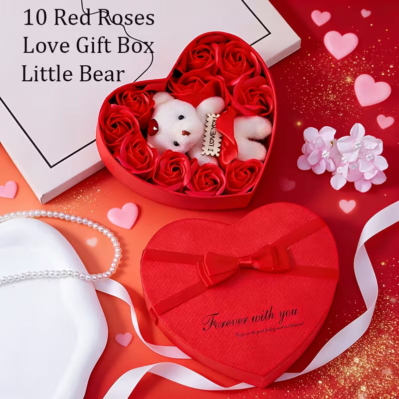 Luxurious Rose Bear Gift Box with 10 Roses & Heart-Shaped Box