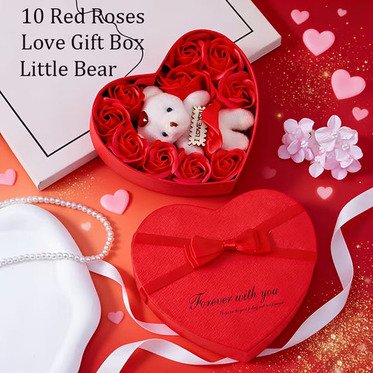 Luxurious Rose Bear Gift Box with 10 Roses & Heart-Shaped Box