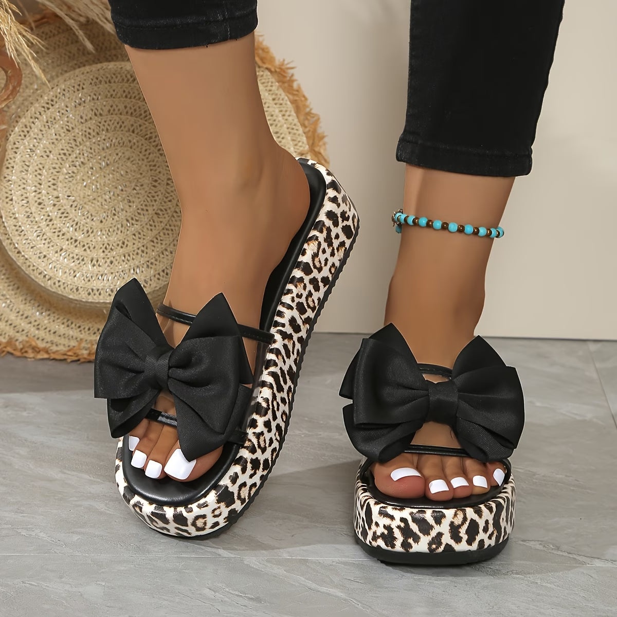 Thick Sole, Casual, Versatile, Comfortable, Bowknot Leopard Print sandals