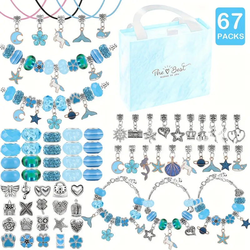 67-Piece DIY Charm Bracelet Bead Kit with Unicorn Mermaid Crafts,