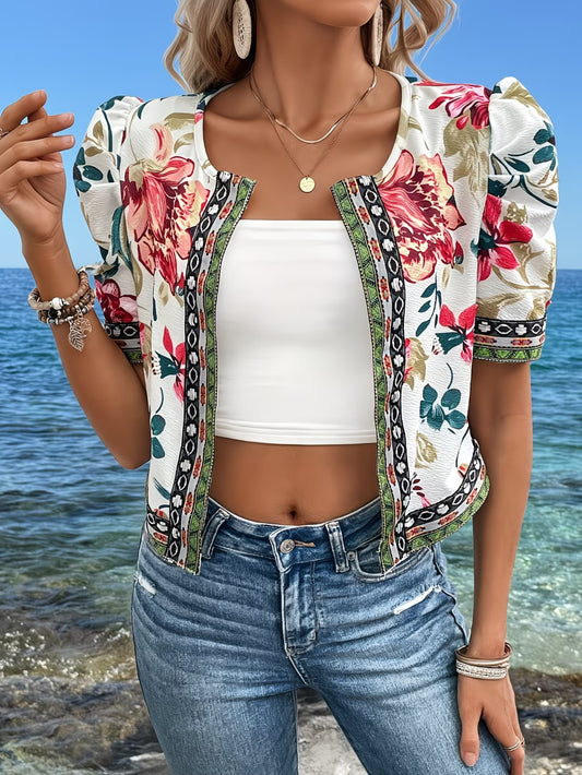 Floral Print Puff Sleeve Cardigan Jacket – Women's Short Style