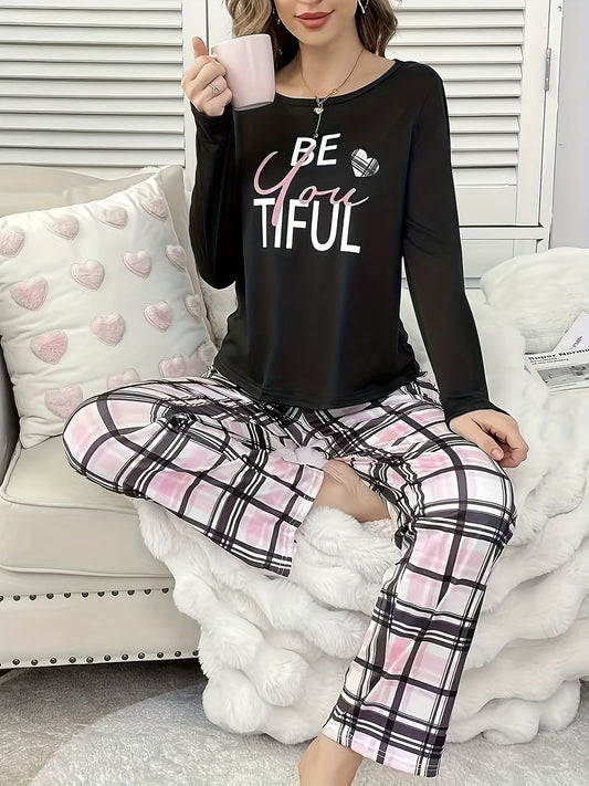 Women'S Slogan Printed Casual Pajama Set,