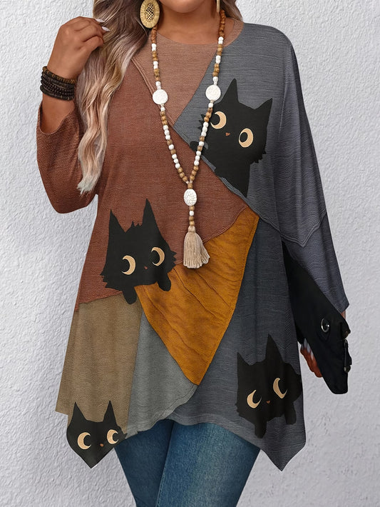 Plus-Size Women'S Elegant Loose Black Cat Print T-Shirt