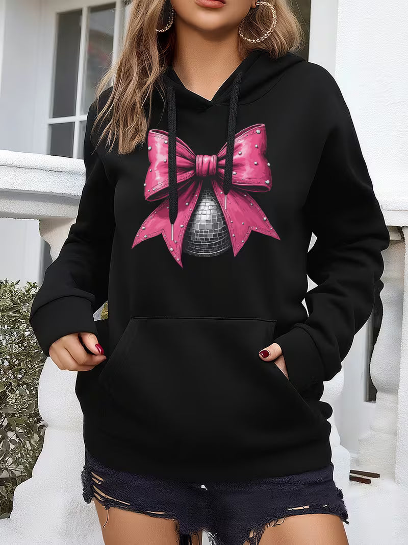 Women'S Oversized Hooded Sweatshirt with Pink Bow & Heart Cutout