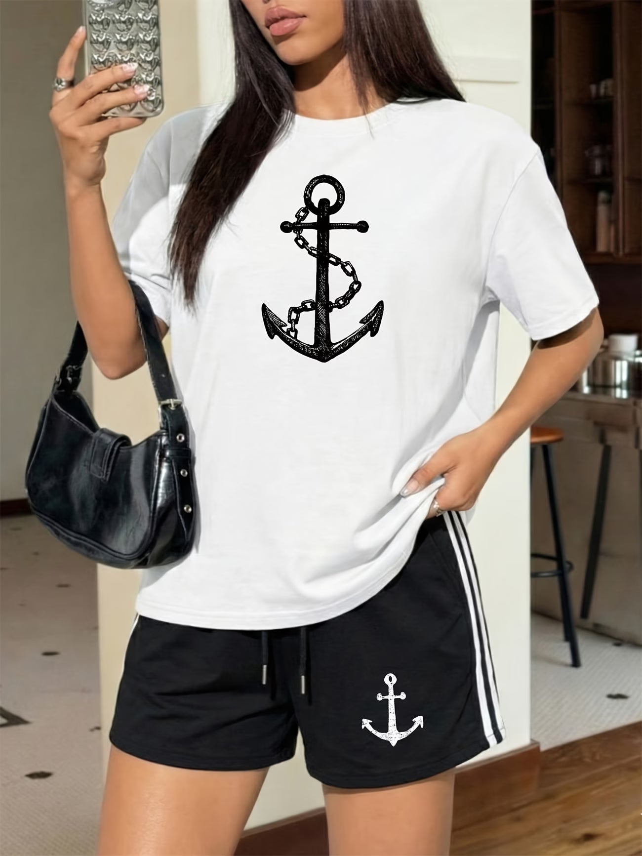 Women's Nautical Two-Piece Set | Anchor Print T-Shirt & Shorts