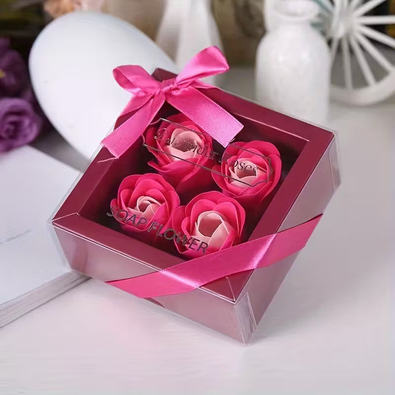 4pcs Rose Soap Flower Gift Box with Red Ribbon