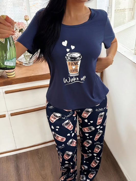 Women's Letter Print Pyjama Set in Dark Blue