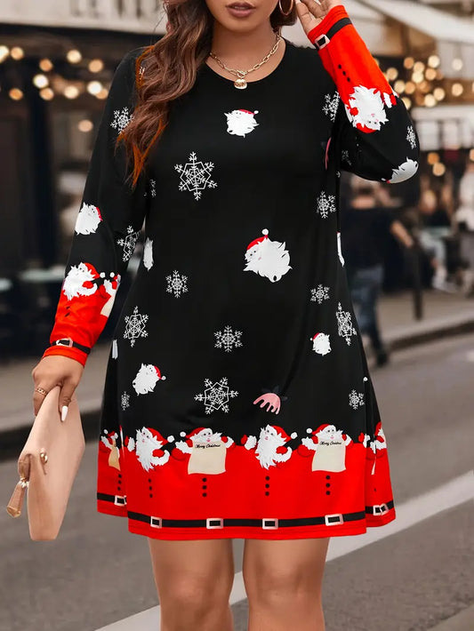 Women's Plus Size Christmas Party Dress with Santa & Snowflake Print