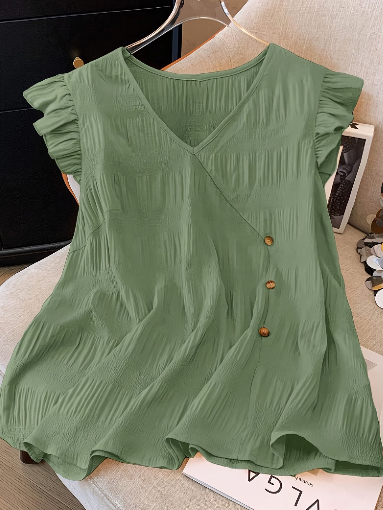 Women's Plus Size Frill Sleeve Button-Detail T-Shirt