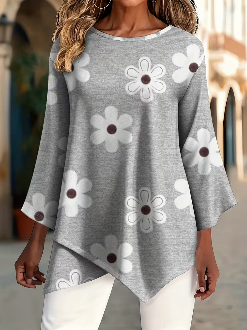 Plus Size Round Neck Simple White Floral Print