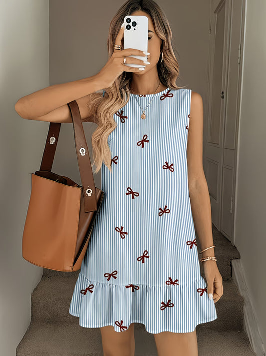 Women'S Fresh Blue And White Stripes + Wine Red Bow, Ruffle Hem dress