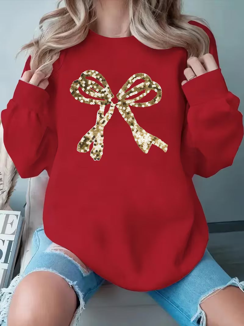 Women'S Black Sparkling Golden Sequin Bow Sweatshirt