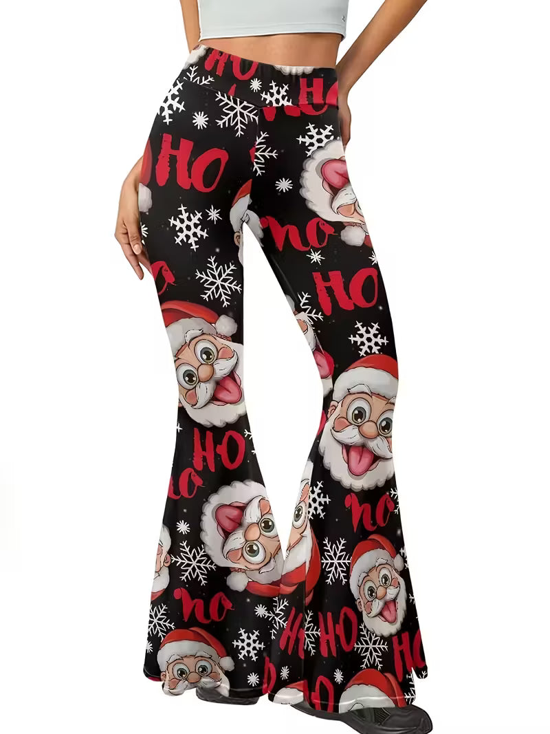 Christmas Print Polyester Knit Pants - Comfort Fit Flare Leg