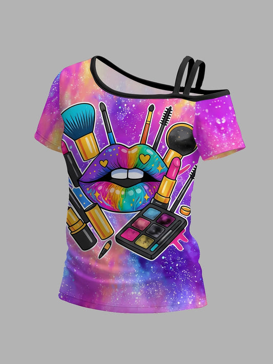 Rainbow Lips & MakeupWomen's One-shoulder Short-sleeve T-shirt with Unique Asymmetrical Design and Trendy Prints,