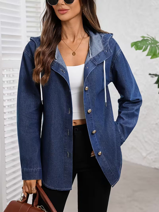 Women'S Light Blue Denim Hooded Shirt