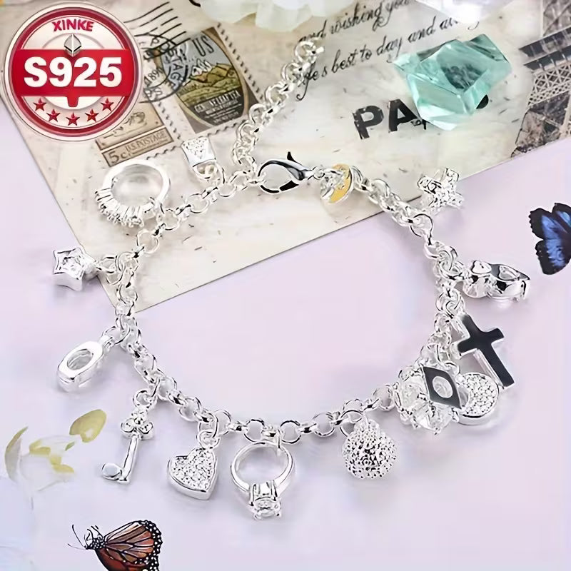 925 Sterling Silvery 13pcs Pendant Bracelet Set,