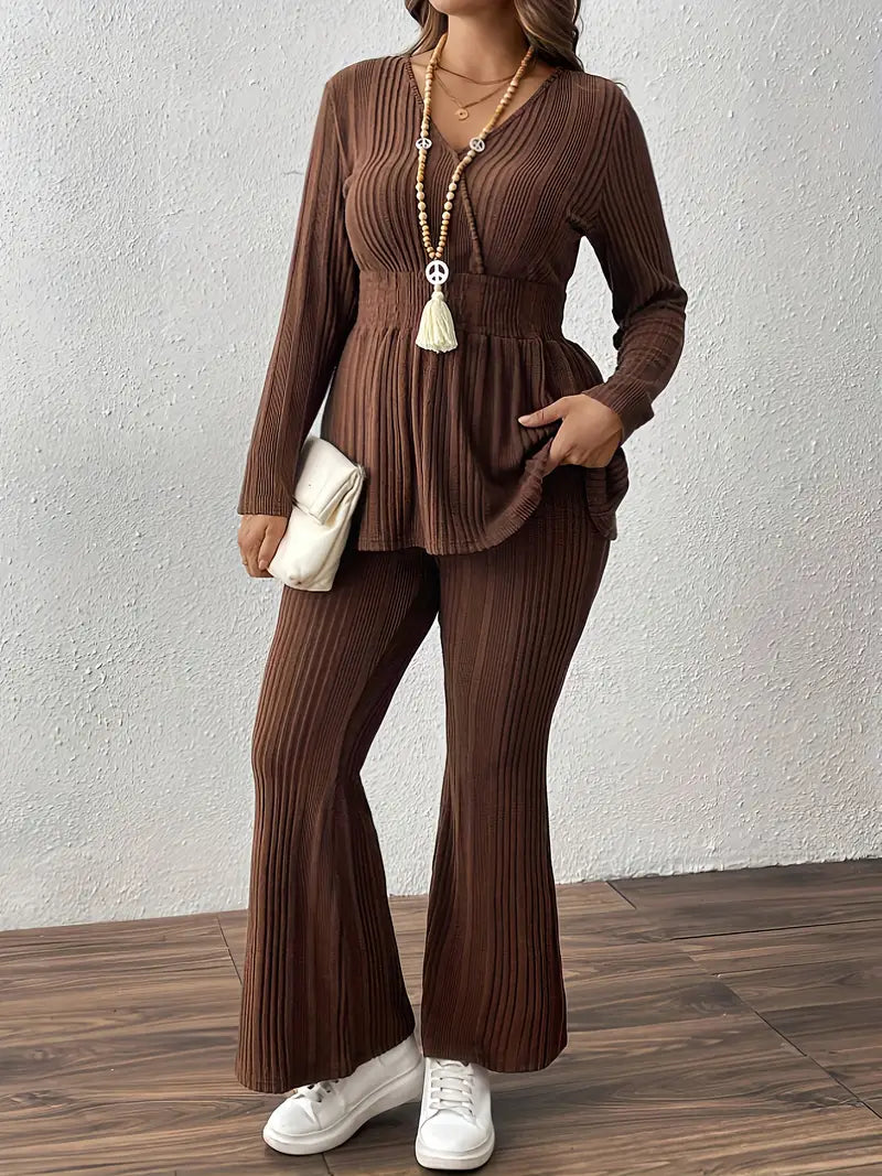 , Women's Plus Size Striped Drawstring Ruffle Top and Loose Pants,