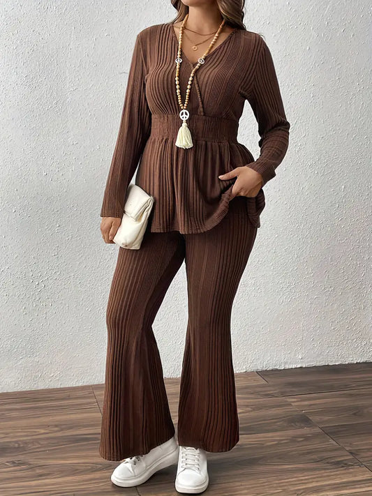 , Women's Plus Size Striped Drawstring Ruffle Top and Loose Pants,