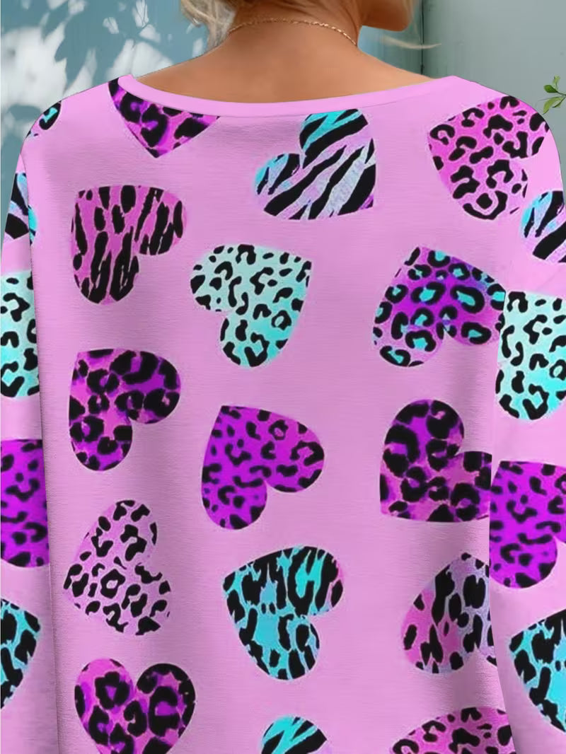 Leopard Print Heart Print Loose V-Neck Top