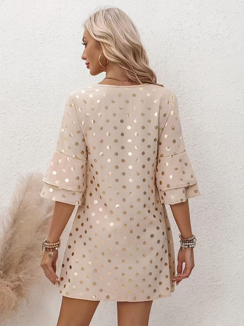 V-Neck Mini Dress with Golden Polka Dots